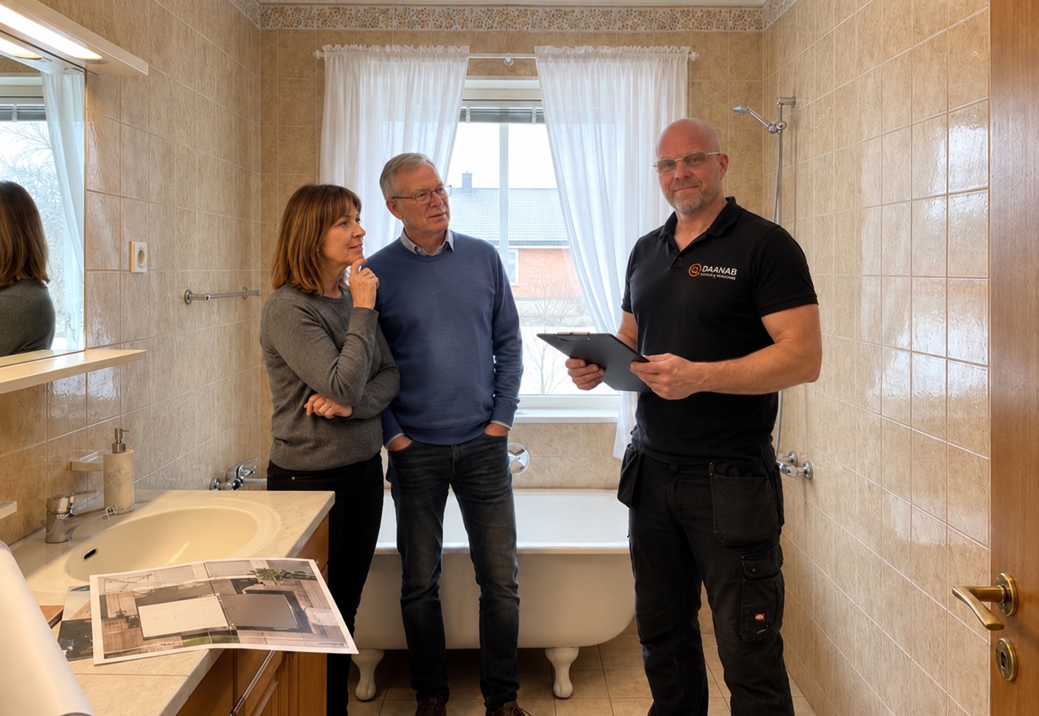 Illustrationsbild av Anders som går igenom ett badrum med villaägare inför renovering
