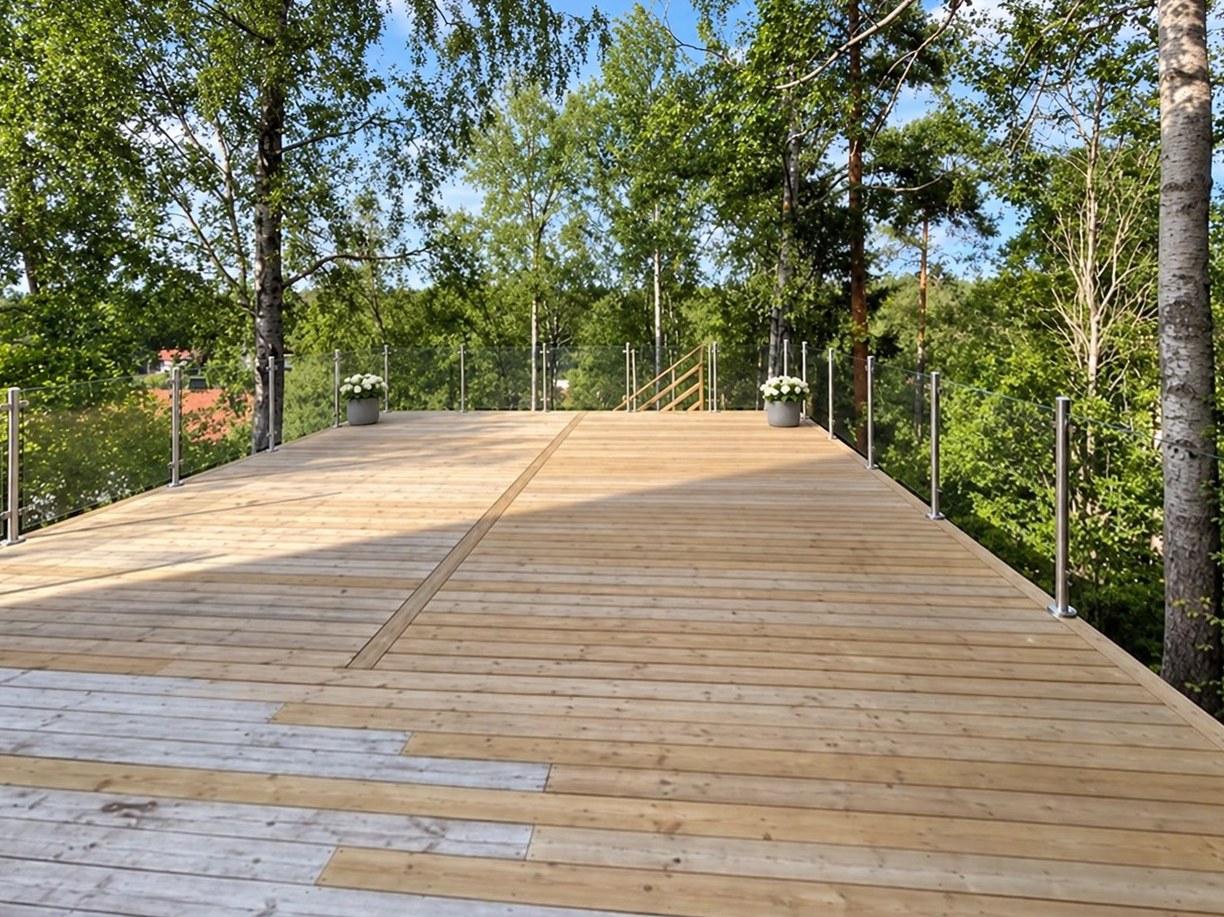 Stor altan med glasräcke i skogen, Nacka