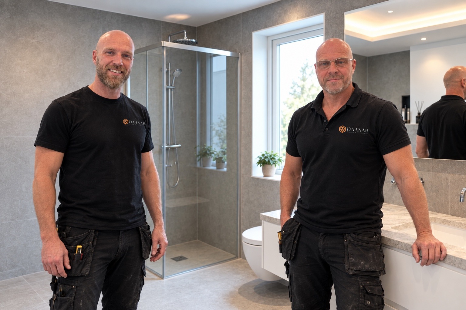 Anders Eskilsson och Daniel Laser i ett nyrenoverat badrum